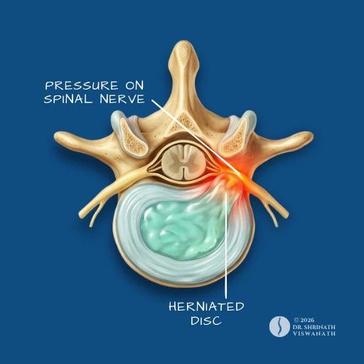 Illustration of a herniated lumbar disc pressing on the spinal nerve root at the L4-L5 level