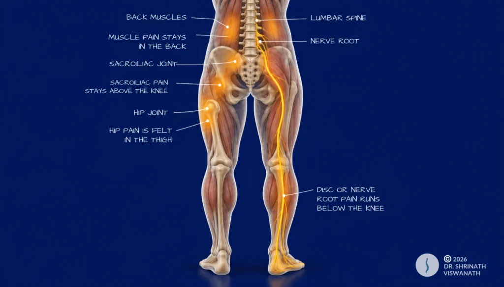 Rear view of the lower back, pelvis and legs showing where disc, sacroiliac, hip and muscle pain each tend to be felt
