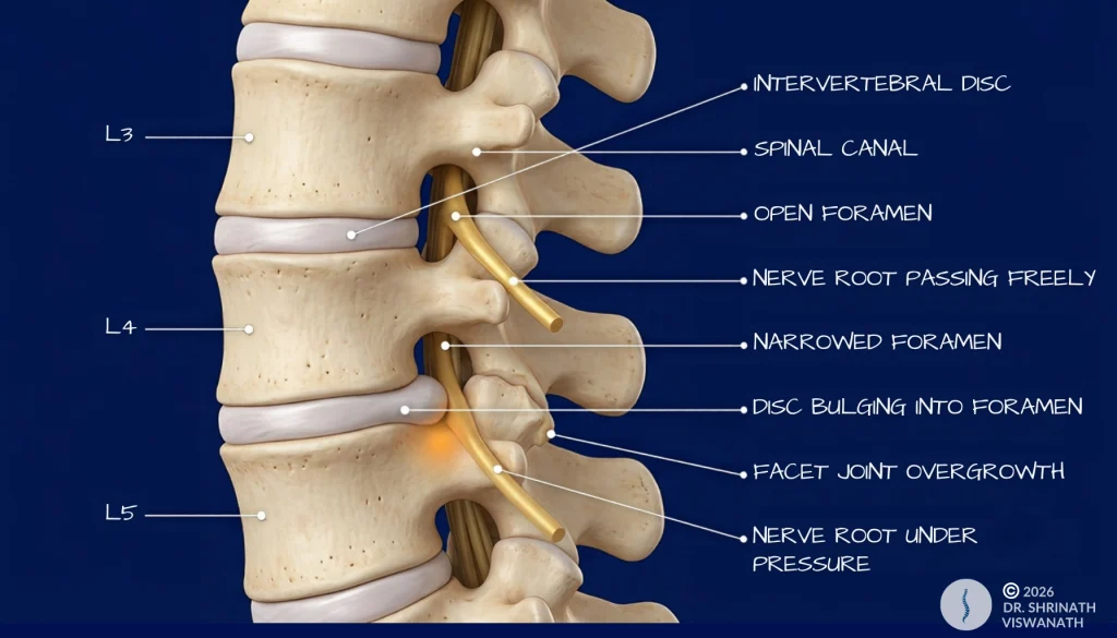 Lateral view of two lumbar vertebrae showing a narrowed neural foramen with the exiting nerve root pressed against bone
