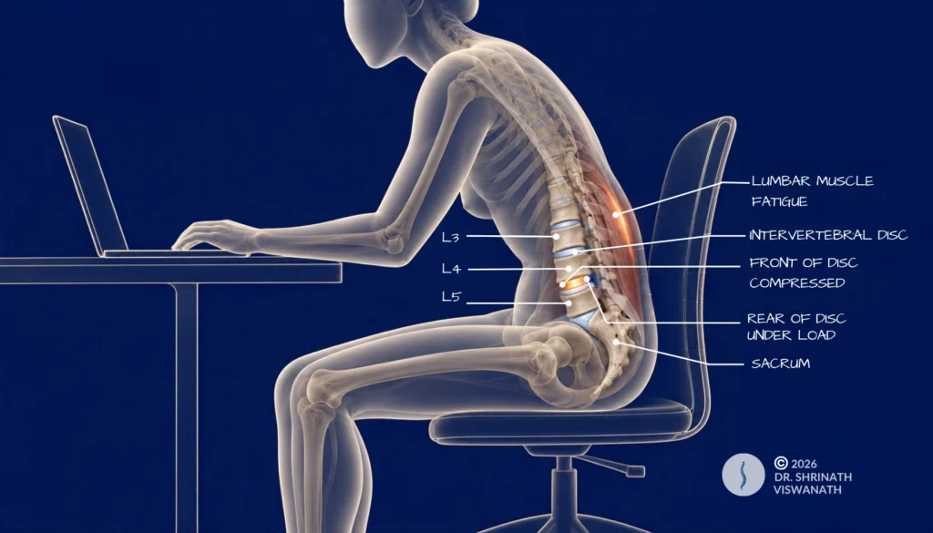 Side view of lumbar vertebrae bending forward in a seated position with the front of the disc compressed