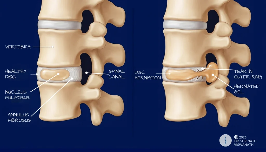 Side by side lateral view of a healthy lumbar disc and a herniated disc, with the inner gel pushing through a tear in the outer ring toward the spinal canal