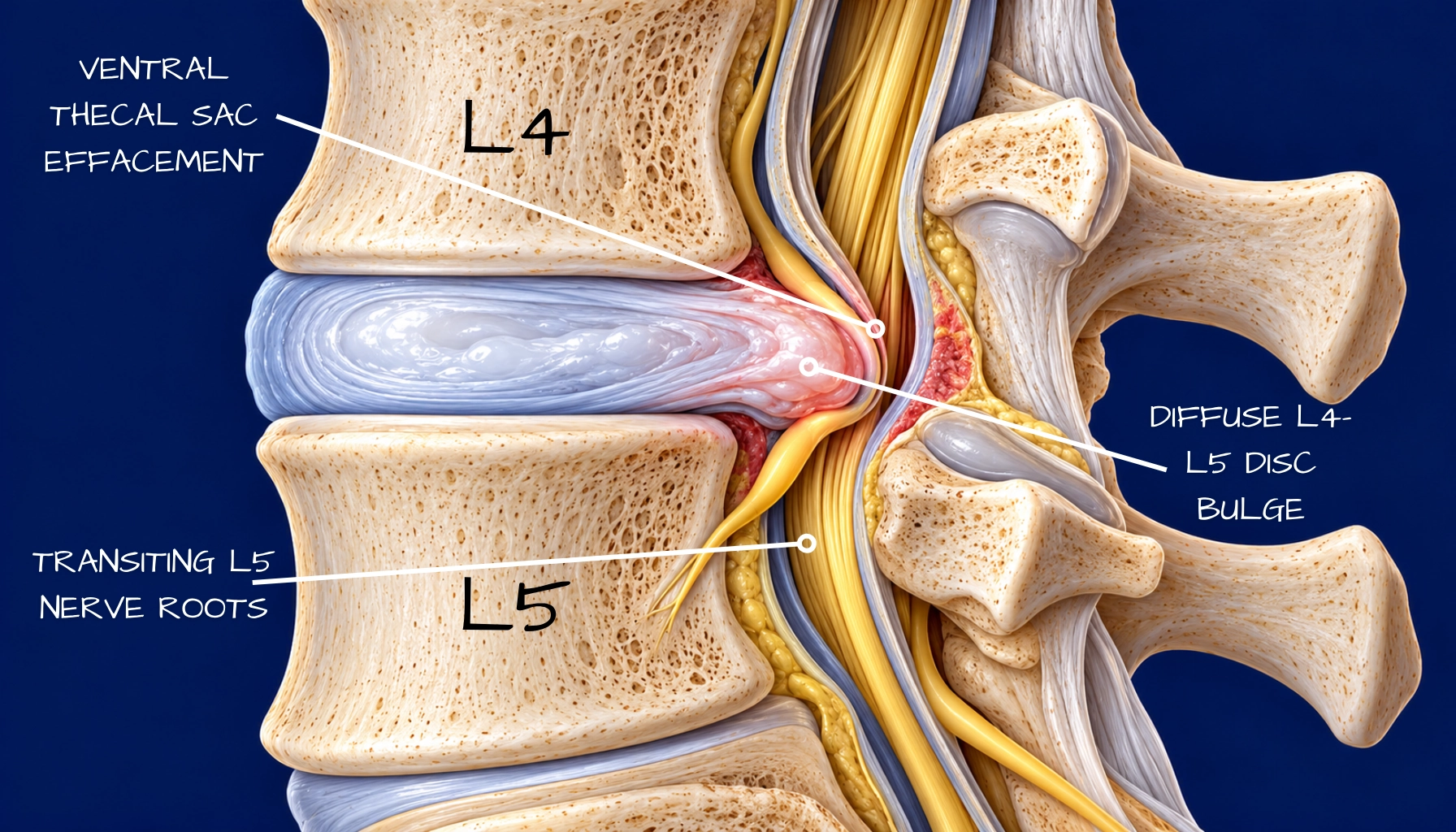 Lateral cross-section illustration showing a slip disc with herniated nucleus pulposus material pressing toward the spinal canal in the lumbar spine.