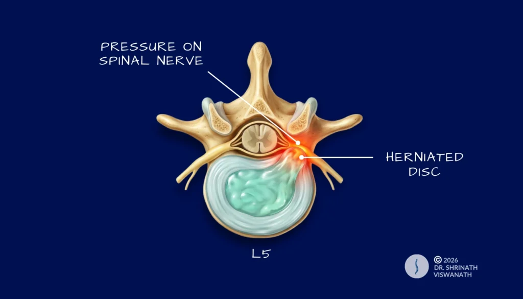 Axial cross-section illustration showing extruded disc material compressing the left nerve root in the lumbar spinal canal, demonstrating the cause of radiculopathy in a slip disc.